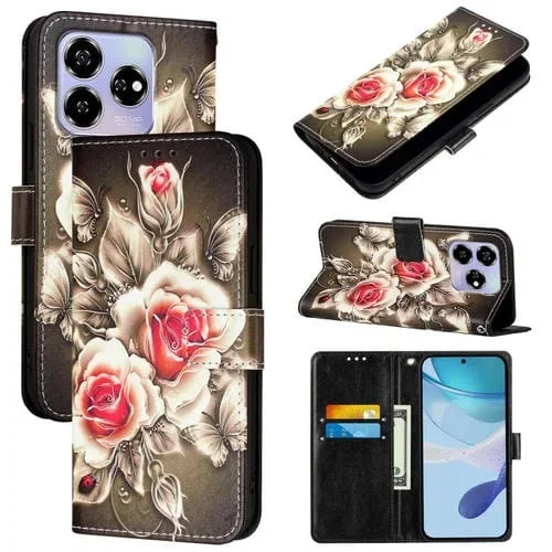 Funda de Cuero para ZTE Blade V60/Axon 60 4G con Diseño de Dibujos (Rosas Sobre Negro)