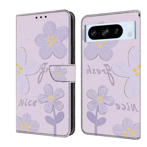Funda de Cuero Pintada a Mano para Google Pixel 8 Pro (Flores Morado Oscuro)