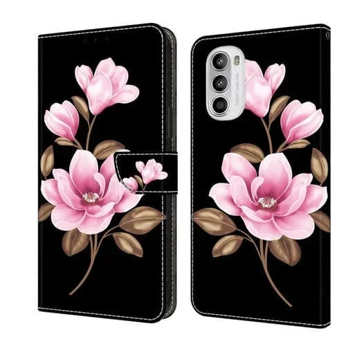 Funda de Cuero Pintada a Mano para Motorola Moto G52 (Flores Negras)