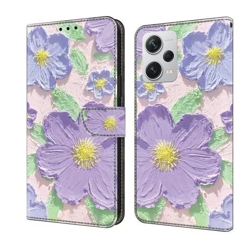 Funda de Cuero Pintada a Mano para Redmi Note 12 Pro+ (Pintura al Óleo de Flores Moradas)