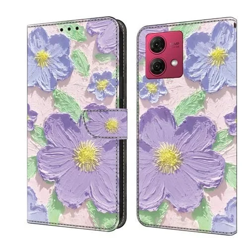 Funda de Cuero Pintada al Óleo para Motorola Moto G84 (Flores Moradas)