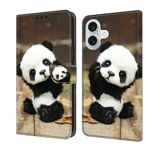 Funda de Cuero Pintada con Cristales para iPhone 16 Plus (Panda)