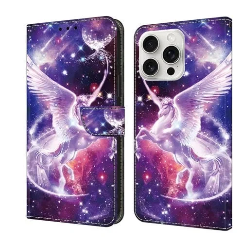 Funda de Cuero Pintada con Cristales para iPhone 16 Pro (Unicornio)