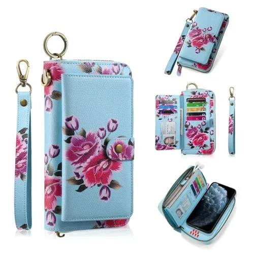 Funda de Cuero Pola Flower para iPhone 11 Pro con Billetera y Cremallera Multifuncional (Azul Cielo)