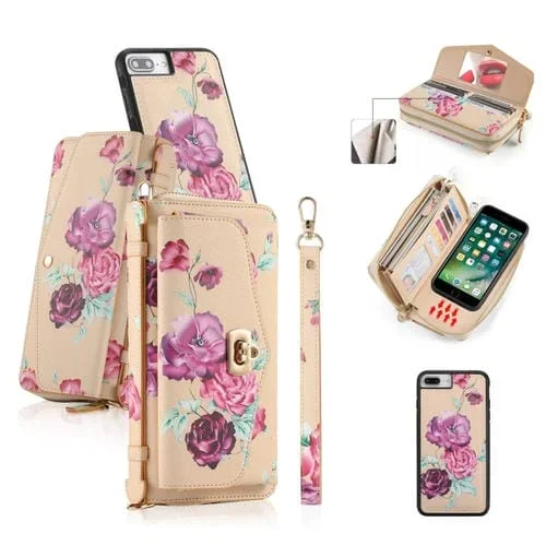 Funda de Cuero Pola Flower para iPhone 7 Plus y 8 Plus con Billetera Cruzada Multifuncional y Cremallera (Amarillo)