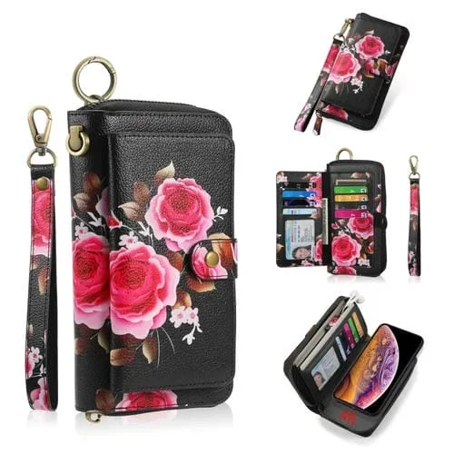 Funda de Cuero Pola Flower para iPhone X / Xs con Billetera y Cremallera Multifuncional (Negro)