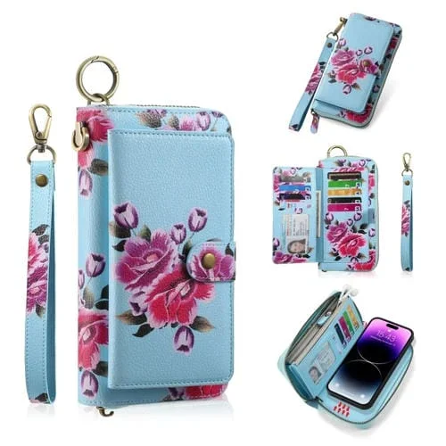 Funda de Cuero Pola Magsafe para iPhone 14 Pro con Billetera y Cremallera Multifuncional (Azul Cielo)