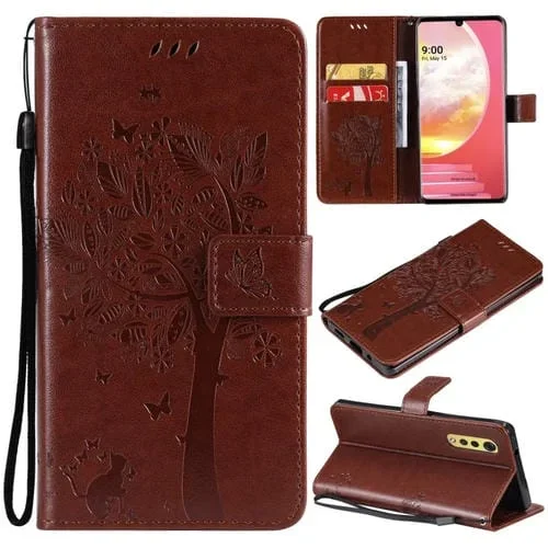 Funda de Cuero PU con Soporte y Tarjetero para LG Velvet 2 Pro (Brown) Patrón Árbol y Gato