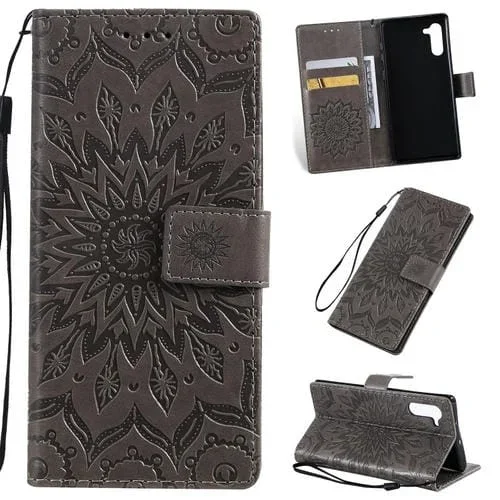 Funda de Cuero Pu para Galaxy Note 10 con Tapa Horizontal Estampado Girasol Soporte Ranuras Tarjetas Billetera Cordón (Gris)