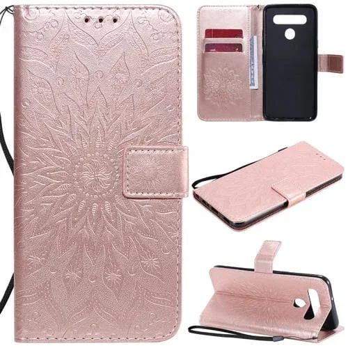 Funda de Cuero PU para LG K41S y K51S con Patrón de Girasol, Tapa Horizontal, Soporte, Ranuras y Cordón (Oro Rosa)