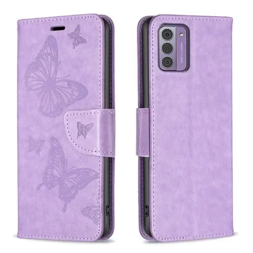 Funda de Cuero PU para Nokia G42/G310 con Tapa Horizontal Estampado Dos Mariposas (Púrpura)