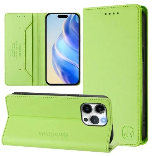 Funda de Cuero Rc01 para iPhone 14 Pro con Doble Pliegue y Succión Magnética (Verde Hierba)