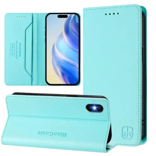 Funda de Cuero Rc01 para iPhone X/Xs con Doble Pliegue y Succión Magnética (Verde Menta)