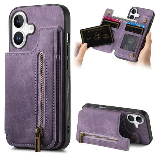 Funda de Cuero Retro con Cremallera y Billetera para iPhone 16 Plus (Morado)