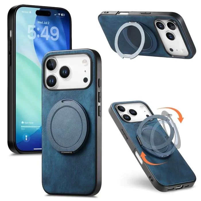 Funda de cuero retro con soporte giratorio redondo para iPhone 17 Pro (azul)