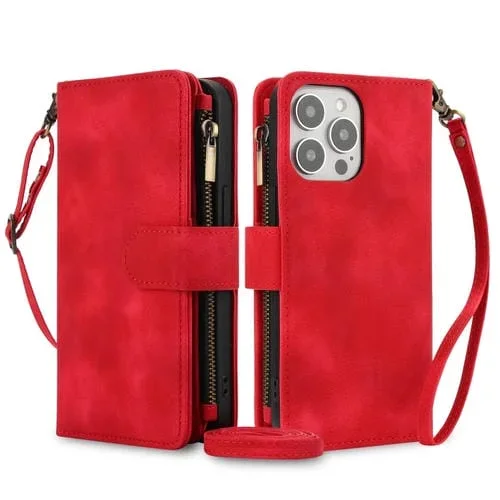 Funda de Cuero Rfid con Cremallera para iPhone 16 Pro Max Dream con 9 Tarjetas y Cordón (Rojo)