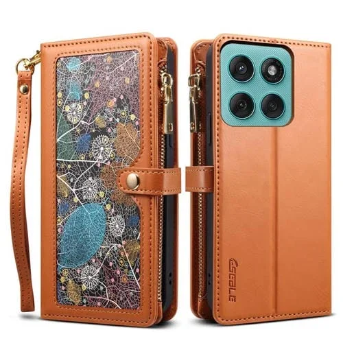Funda de cuero RFID con cremallera y cordón para Motorola Edge 60 ESEBLE Star Series (marrón)