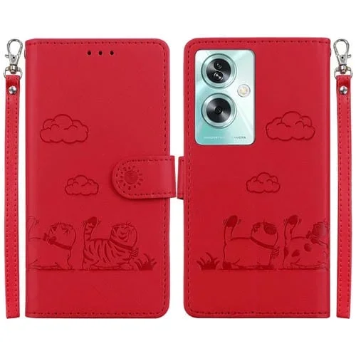 Funda de Cuero Rfid con Diseño de Gatos para Oppo A79 5G Global (Roja)