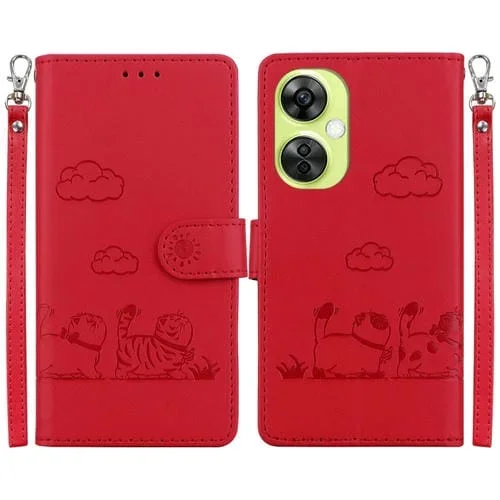 Funda de Cuero Rfid con Diseño de Gatos para Oppo K11X (Roja)