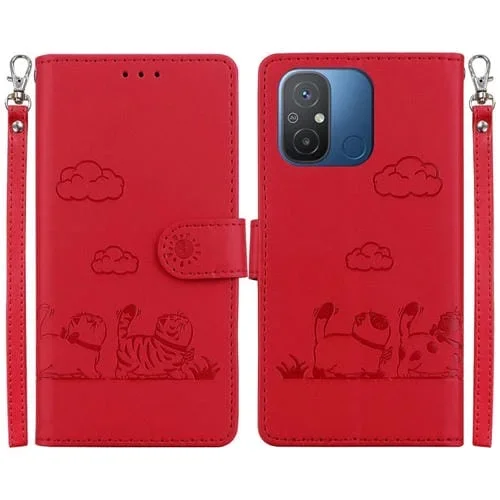 Funda de Cuero Rfid con Diseño de Gatos para Redmi 12C/11A (Roja)