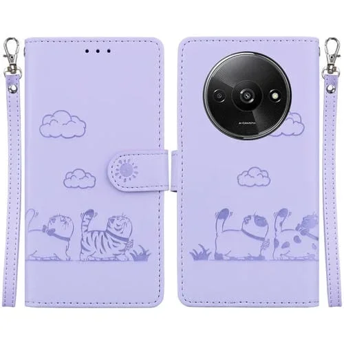 Funda de Cuero Rfid con Diseño de Gatos para Redmi A3 (Morado)