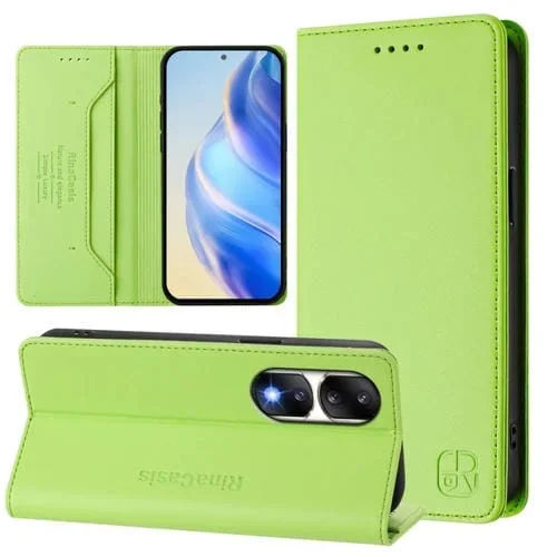 Funda de Cuero Rfid con Doble Pliegue y Succión Magnética para Honor 90 Pro Rc01 (Verde Hierba)
