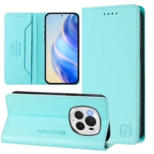 Funda de Cuero Rfid con Doble Pliegue y Succión Magnética para Honor Magic6 Pro Global Rc01 (Verde Menta)