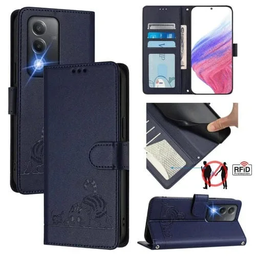 Funda de Cuero Rfid con Estampado de Rata y Gato En Relieve para Oppo A3 Pro 5G (Azul)