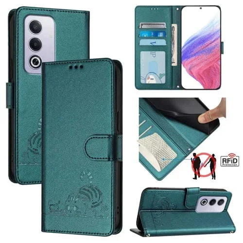 Funda de Cuero Rfid con Estampado de Rata y Gato para Oppo A3 Pro 5G Global con Cordón (Verde Pavo Real)