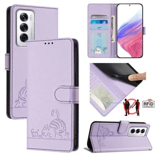 Funda de Cuero Rfid con Estampado de Rata y Gato para Oppo Reno12 Global con Cordón (Morado)