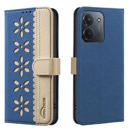 Funda de cuero RFID con estampado floral hueco para Redmi 15C 4G (173,1 mm) / Redmi 15C 5G (173,1 mm) (azul oscuro)