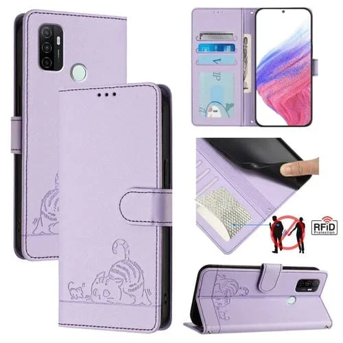 Funda de Cuero Rfid con Patrón En Relieve de Gato y Rata para Oppo A32 2020 4G / A53 2020 4G con Cordón (Morado)
