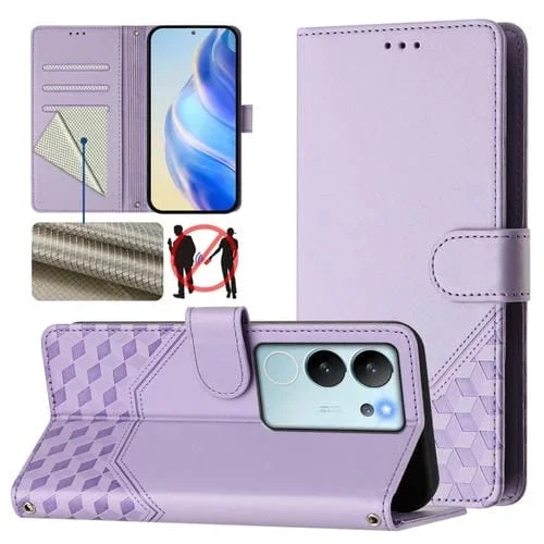 Funda de Cuero Rfid con Relieve de Panal Global para Vivo V29E 5G / Y200 5G (Morado Claro)