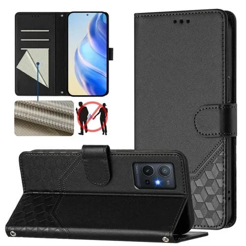 Funda de Cuero Rfid con Relieve de Panal Global para Vivo Y55S 2023/Y75 5G (Negra)