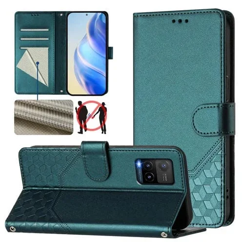 Funda de Cuero Rfid con Relieve de Panal para Vivo Y33S 4G / Y21 2021 / Y21S / Y21T (Verde Pavo Real)