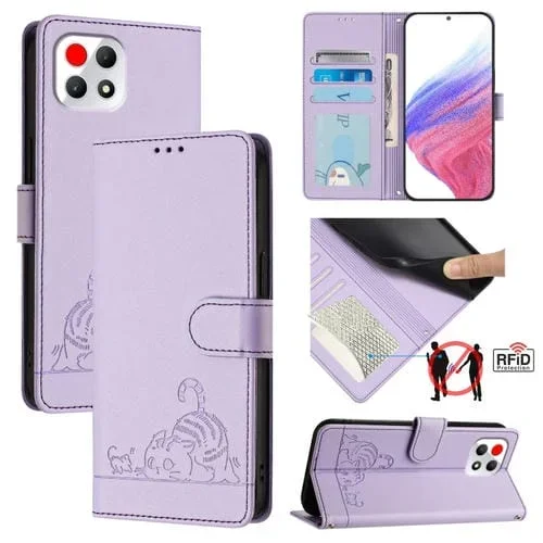 Funda de Cuero Rfid con Relieve de Rata de Gato para T-Mobile Revvl 7 5G con Cordón (Morado)