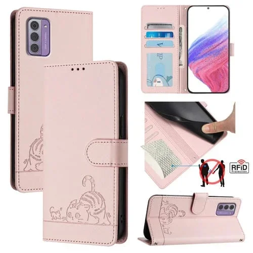 Funda de Cuero Rfid con Relieve de Rata y Gato para Nokia G42/G310 con Cordón (Rosa)