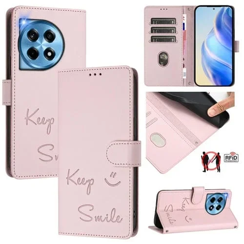 Funda de Cuero Rfid con Relieve de Sonrisa Global para OnePlus 12 5G (Rosa)