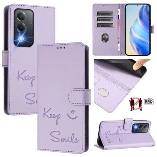 Funda de Cuero Rfid con Relieve de Sonrisa Global para Oppo K12X 5G (Morado Claro)