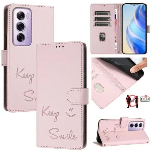 Funda de Cuero Rfid con Relieve de Sonrisa Global para Oppo Reno12 Pro (Rosa)