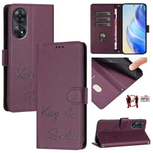 Funda de Cuero Rfid con Relieve de Sonrisa Global para Oppo Reno8 T 4G (Violeta)