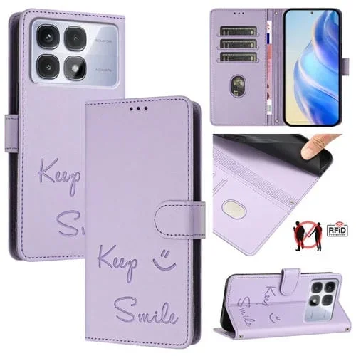 Funda de Cuero Rfid con Relieve de Sonrisa Global para Redmi K70 Ultra 5G (Morado Claro)