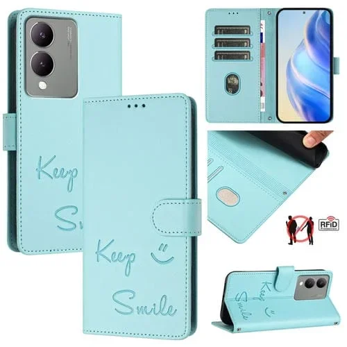 Funda de Cuero Rfid con Relieve de Sonrisa Global para Vivo Y17S 4G (Verde Menta)