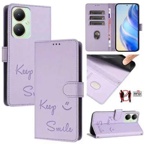 Funda de Cuero Rfid con Relieve de Sonrisa Global para Vivo Y27 4G 2023 (Morado Claro)