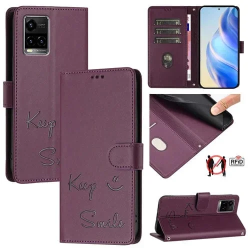 Funda de Cuero Rfid con Relieve de Sonrisa Global para Vivo Y33S 4G (Violeta)