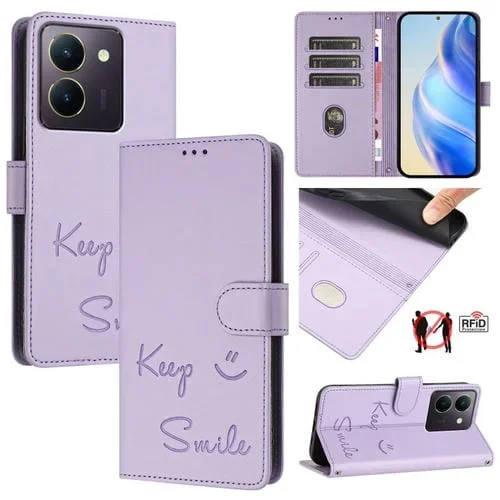 Funda de Cuero Rfid con Relieve de Sonrisa Global para Vivo Y36 4G (Morado Claro)