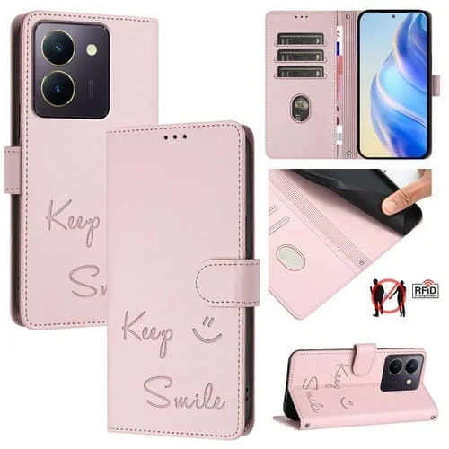 Funda de Cuero Rfid con Relieve de Sonrisa Global para Vivo Y36 4G (Rosa)