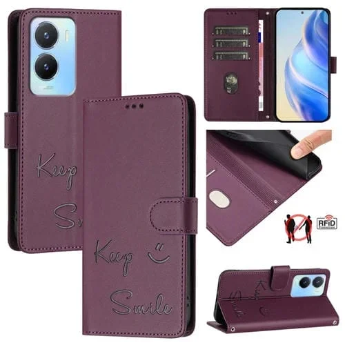 Funda de Cuero Rfid con Relieve de Sonrisa Global para Vivo Y56 5G (Violeta)
