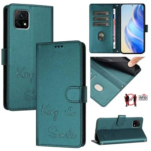 Funda de Cuero Rfid con Relieve de Sonrisa India para Vivo Y31S 5G/Y72 5G (Verde Pavo Real)