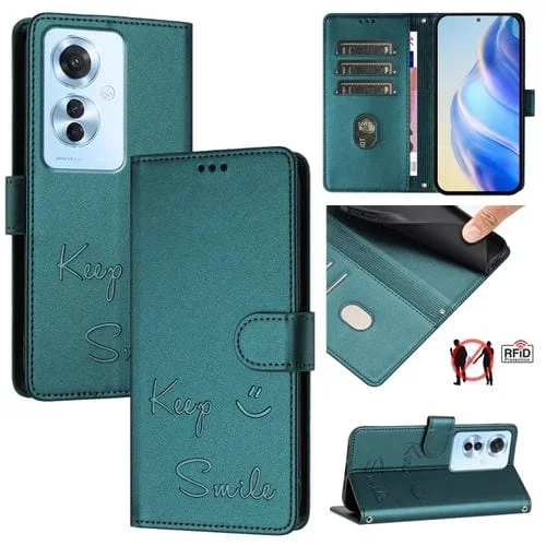 Funda de Cuero Rfid con Relieve de Sonrisa para Oppo F25 Pro 5G (Verde Pavo Real)